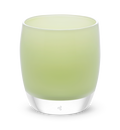 grin soft light green hand-blown glass votive candle holder.