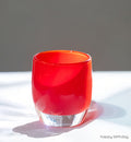 happy birthday bright red, hand-blown glass votive candle holder.
