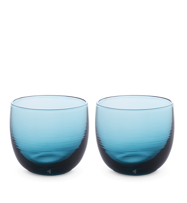 happy hour drinker set, transparent nautilus blue, hand-blown drinking glasses.