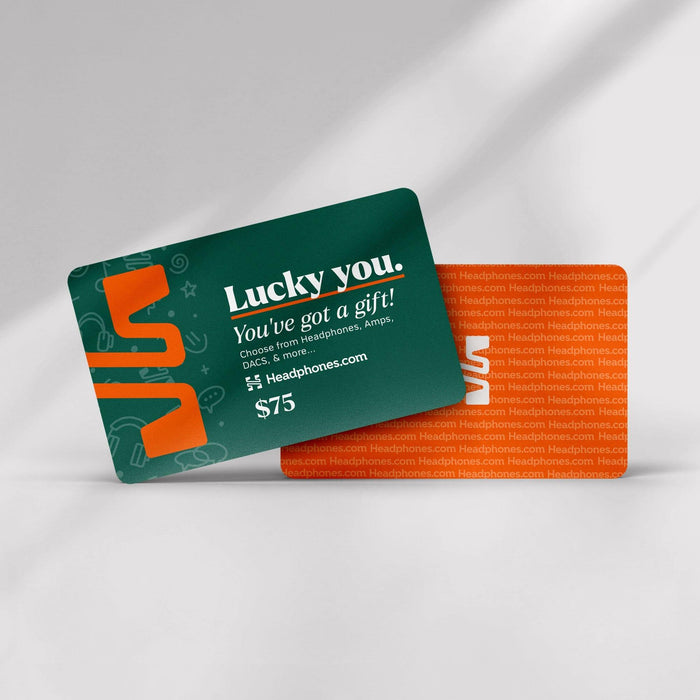 A green and orange headphones.com Gift Card worth $75 is shown, featuring “Lucky you. You’ve got a gift!” in playful graphics—a modern treat to redeem for premium audio gear.