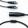 The HEDD Audio HEDDphone Balanced 4-Pin XLR Cable features black connectors, including XLR plugs and sockets with the HEDD logo, perfect for connecting the HEDDphone to a headphone amplifier. Shown on a white background.