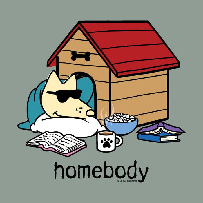 Cartoon dog with a doghouse, books, and a cup on a gray background with 'homebody' text.