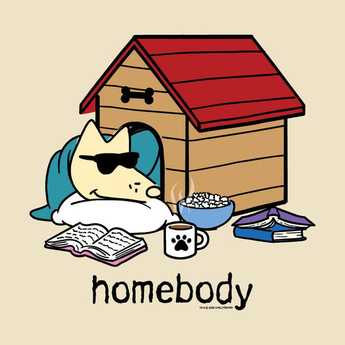 Cartoon dog with a doghouse, books, and a mug on a beige background with 'homebody' text.