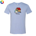 Light blue t-shirt with a graphic of a person in a doghouse and the word 'homebody' on a white background.