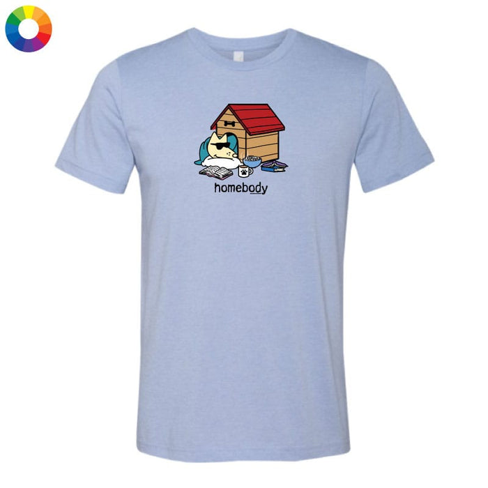 Light blue t-shirt with a graphic of a person in a doghouse and the word 'homebody' on a white background.