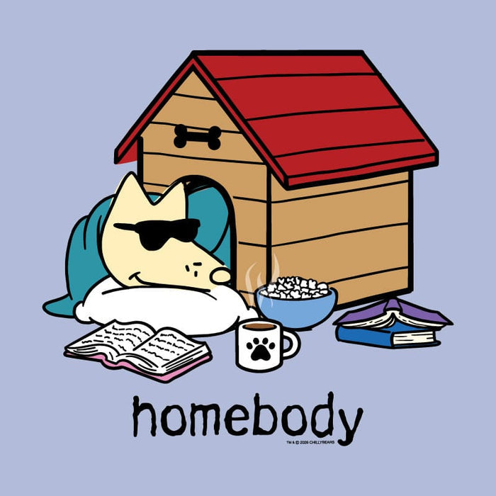 Cartoon dog with a bandana in front of a doghouse with 'homebody' text on a light blue background
