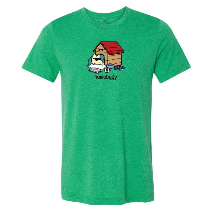 Green t-shirt with a graphic of a cat and dog house labeled 'homebody' on a white background