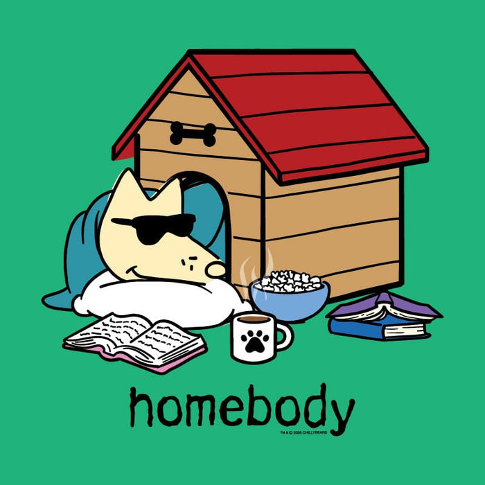 Cartoon dog with a doghouse, books, and a cup on a green background with 'homebody' text.