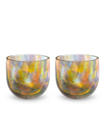 iced tea set , two multi-colored hand-blown drinking glasses.