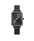Front view of a black Paul Rich watch with black sunray dial, gem-set octagonal bezel, and matching black mesh strap.