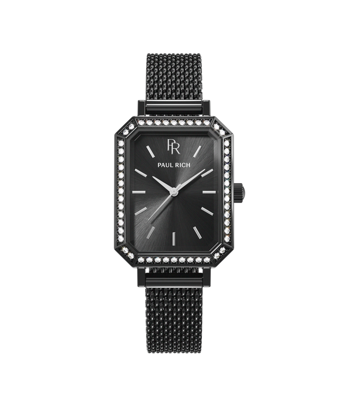 Front view of a black Paul Rich watch with black sunray dial, gem-set octagonal bezel, and matching black mesh strap.