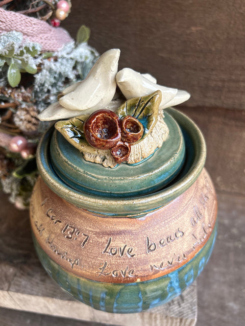 "Love Is" Scripture Pot with Birds   8"