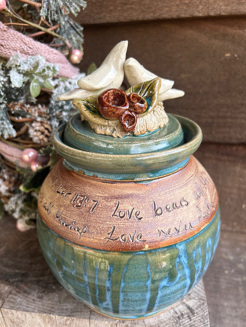 "Love Is" Scripture Pot with Birds   8"