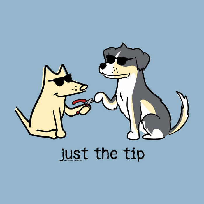 A cartoon illustration of two dogs wearing sunglasses, with one dog receiving nail clippers and the text 'just the tip' below on a light blue background.