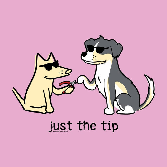 A cartoon illustration on a pink background showing a beige dog giving nail clippers to a black, white, and gray dog, with the text 'just the tip' below.