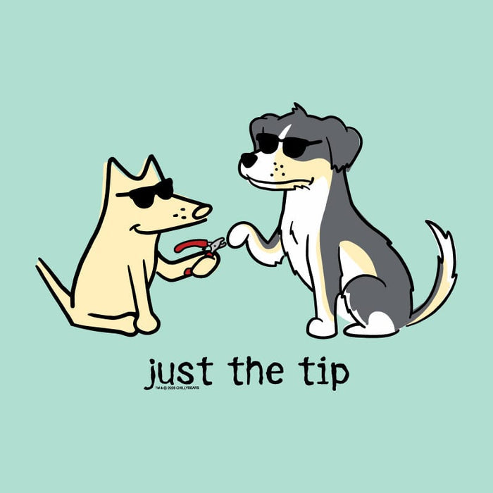 A cartoon-style graphic on a light aqua background showing two dogs wearing sunglasses, with one dog having its paws clipped. Below the illustration, the text reads 'just the tip' in black lowercase letters.