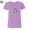 A light purple short-sleeve V-neck t-shirt with a cartoon graphic of two dogs and the text 'just the tip' on the chest, displayed on a solid white background.