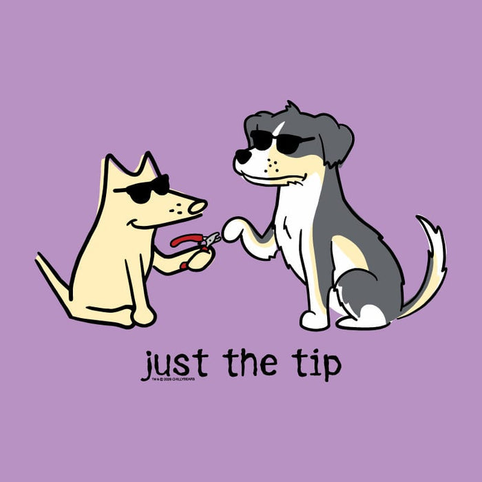 A cartoon illustration on a lavender background showing two dogs wearing sunglasses, with one dog receiving nail clippers and the text 'just the tip' below.