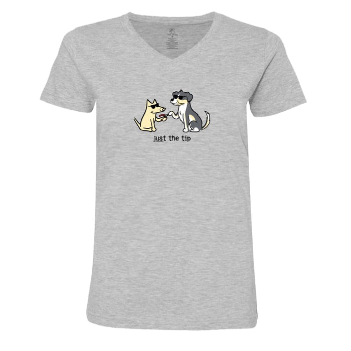 A light heather gray V-neck t-shirt featuring a cartoon graphic of a yellow cat and a black-and-white dog shaking hands, with the text 'just the tip' printed below.