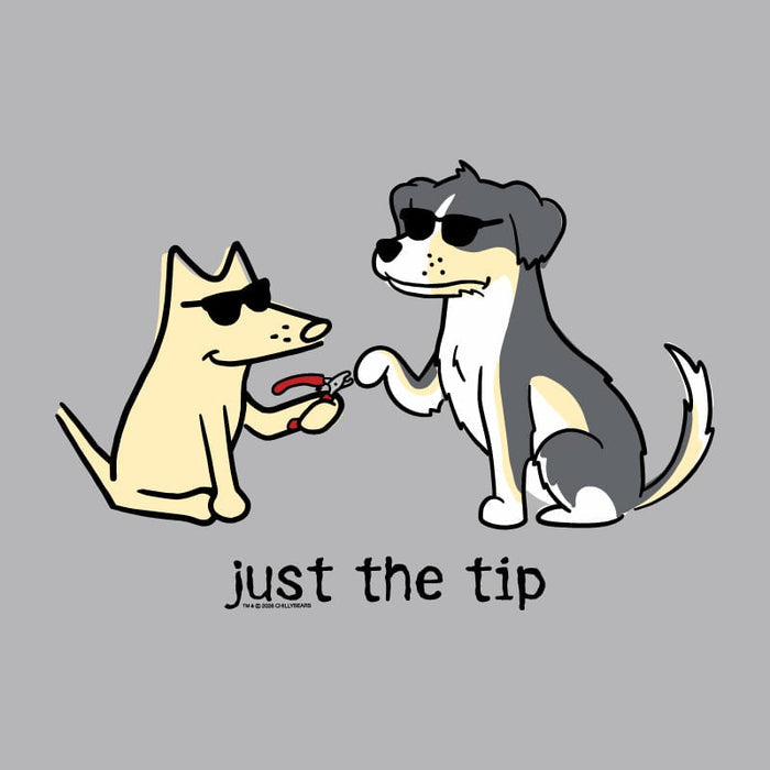 A cartoon graphic on a gray background showing two dogs wearing sunglasses, one beige and one black and white, with the text 'just the tip' below. Small text at the bottom left reads 'by the dog designer'.