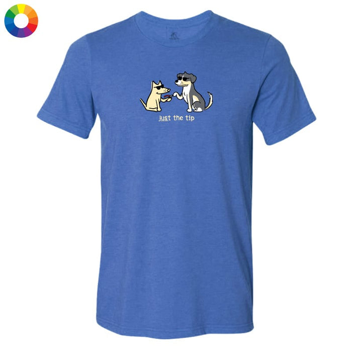 A heather blue short-sleeve t-shirt with a graphic of two cartoon dogs wearing sunglasses and the text 'just the tip' printed on the chest, displayed on a solid white background.