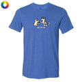 A heather blue short-sleeve t-shirt with a graphic of two cartoon dogs wearing sunglasses and the text 'just the tip' printed on the chest, displayed on a solid white background.