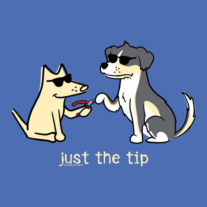 A cartoon-style graphic on a blue background showing two dogs wearing sunglasses while one dog receives nail clippers. Below the illustration, the text reads 'just the tip' with a small 'The Dog Daycare' logo underneath.