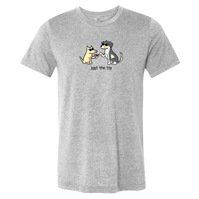 A heather gray short-sleeve crewneck t-shirt featuring a cartoon graphic of two dogs wearing sunglasses with the text 'Just the tip' printed below them.