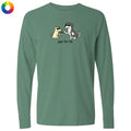 A sage green long-sleeve t-shirt with a graphic of two cartoon dogs wearing sunglasses and the text 'just the tip' printed on the chest, shown on a plain white background.