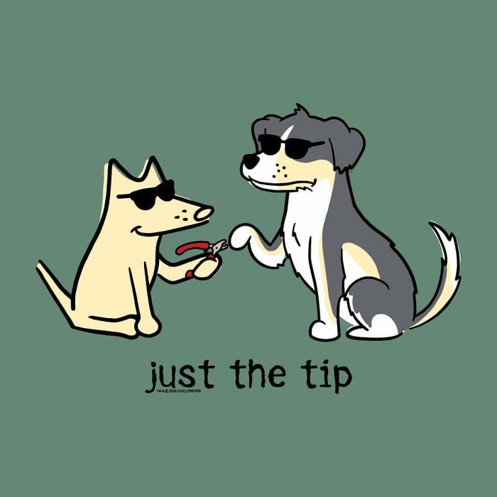 A cartoon-style graphic on a muted green background showing two dogs wearing sunglasses, one beige and one gray-and-white, with the text 'just the tip' below. A small credit at the bottom reads 'by the dog designer'.