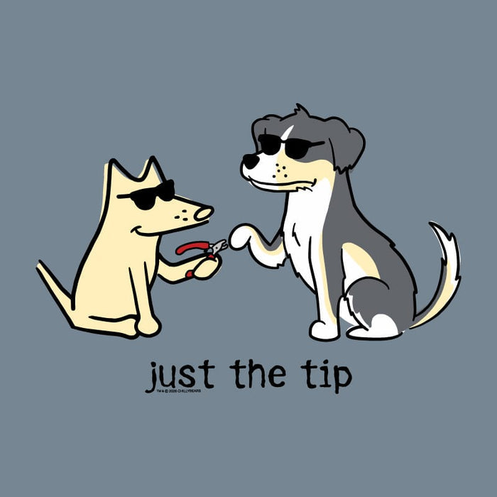 A cartoon-style graphic on a muted blue-gray background showing two dogs wearing sunglasses, one holding nail clippers and the other offering its paw, with the text 'just the tip' below.