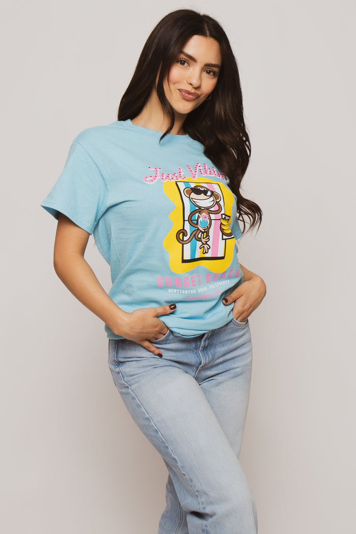 Just Vibin  - Bobby Jack Boyfriend Rhinestone T-Shirt -Blue
