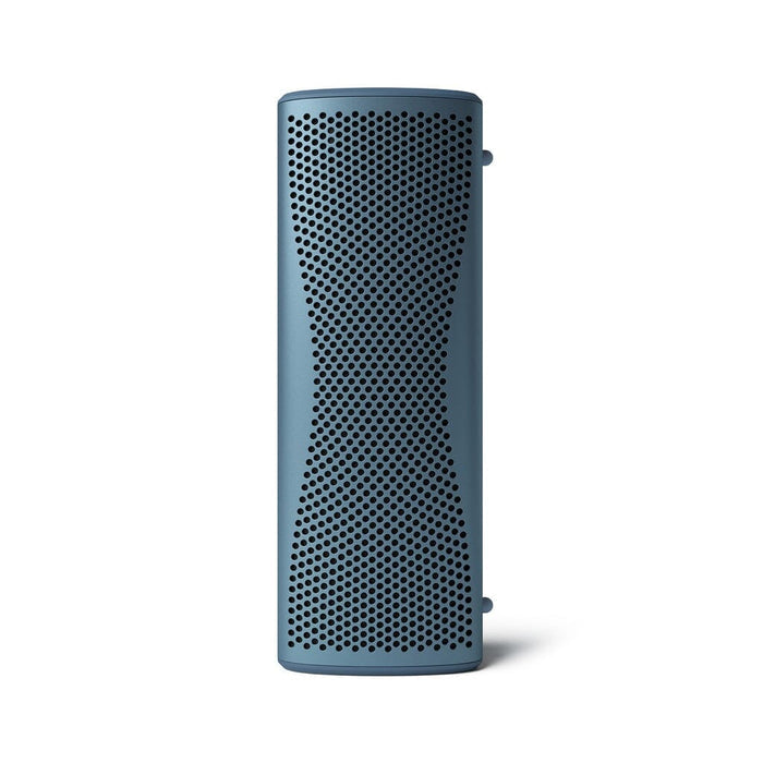 The KEF Muo HiFi Portable Bluetooth Speaker by KEF is a sleek, blue rectangular device featuring a curved grid front, shown against a plain white background.