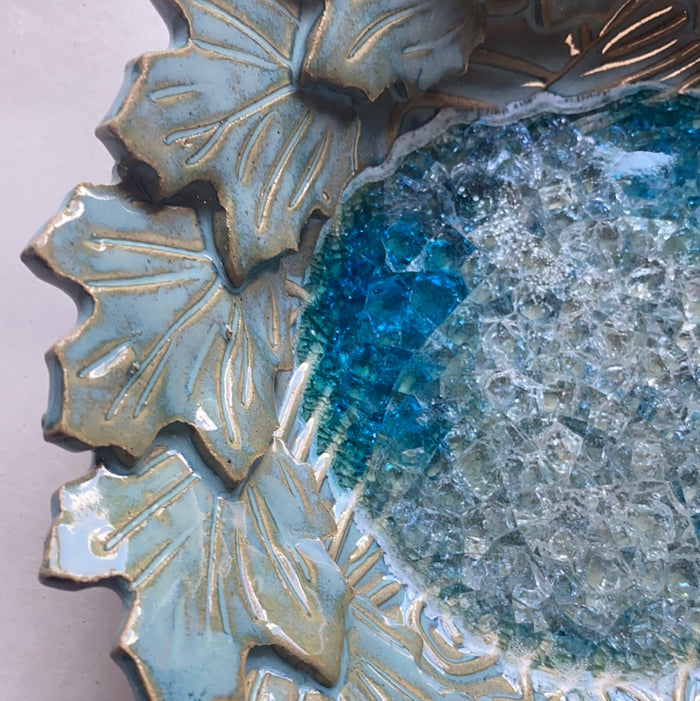 Leaf Bowl with Melted Glass 7" across 3" tall
