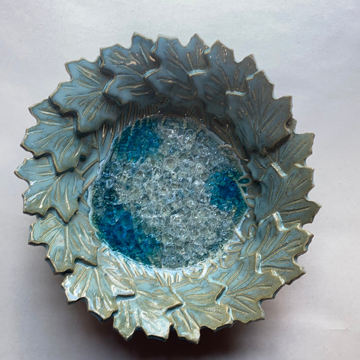 Leaf Bowl with Melted Glass 7" across 3" tall