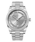 Front view of a silver-tone Paul Rich watch with silver sunray dial, diamond-set bezel, silver hour markers and hands, date display at 6 o'clock, and silver link bracelet.