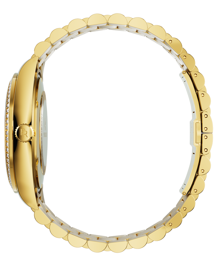 Side view of a gold-tone Paul Rich watch with gem-set bezel, engraved crown, and fully closed gold link bracelet, displayed in a circular position.