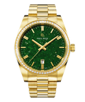 Front view of a gold-tone Paul Rich watch with a sparkling green aventurine dial, diamond-set bezel, gold hour markers and hands, and a gold link bracelet.