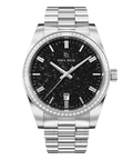 Silver wristwatch with a black aventurine dial, crystal-set bezel, silver hour markers, and metal bracelet shown on a transparent background.