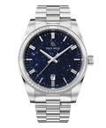 Silver watch with a blue aventurine dial, silver hour markers, date window at 6 o’clock, and crystal-set bezel.