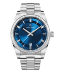 Front view of a silver-tone Paul Rich watch with deep blue sunray dial, diamond-set bezel, silver hour markers and hands, date display at 6 o'clock, and silver link bracelet.