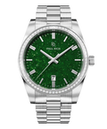 Silver wristwatch with a green aventurine dial, crystal-set bezel, silver hour markers, and metal bracelet shown on a transparent background.
