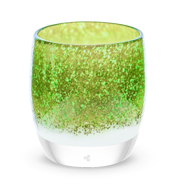 magnificent green and gold tones cover a white base, hand-blown glass candle holder.