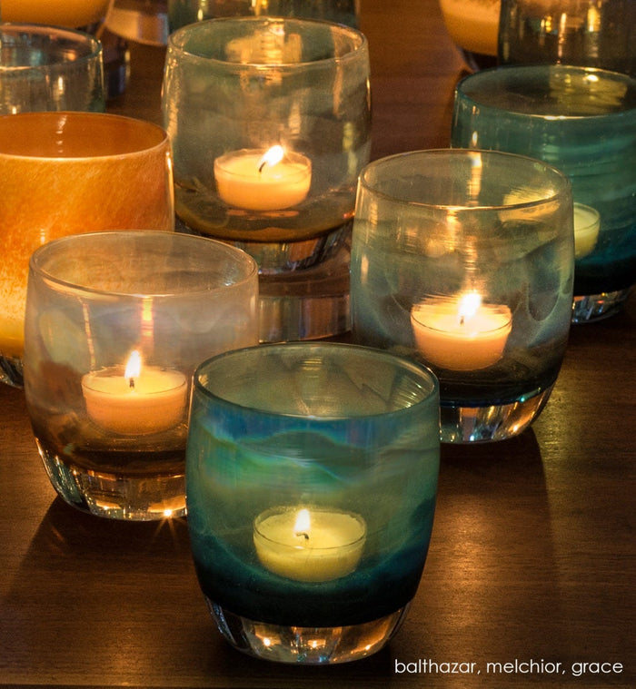 melchior shiny purple gray transparent, balthazar shiny blue transparent, grace gold topped white, hand-blown glass votive candle holder