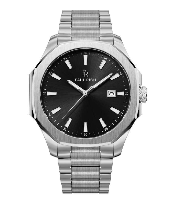 Front view of Paul Rich watch with black sunray dial, silver indices, date window at 3 o'clock, and brushed silver bracelet.