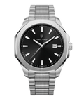Front view of Paul Rich watch with black sunray dial, silver indices, date window at 3 o'clock, and brushed silver bracelet.