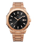 Front view of Paul Rich watch with brushed rose gold case and bracelet, black sunray dial, rose gold hands, and date window at 3 o’clock.
