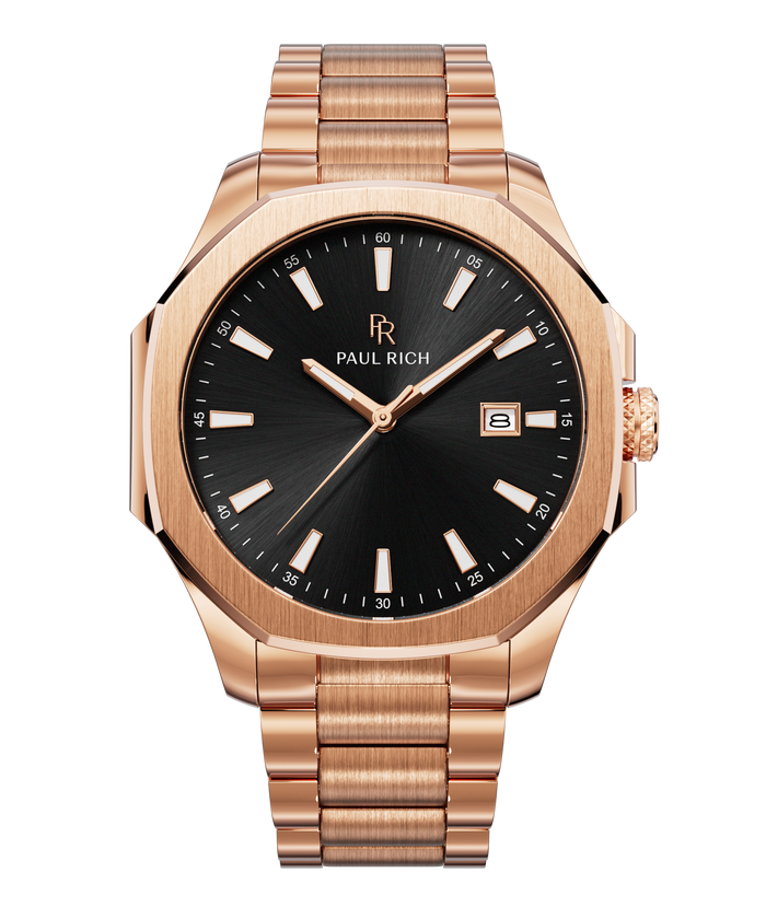 Front view of Paul Rich watch with brushed rose gold case and bracelet, black sunray dial, rose gold hands, and date window at 3 o’clock.