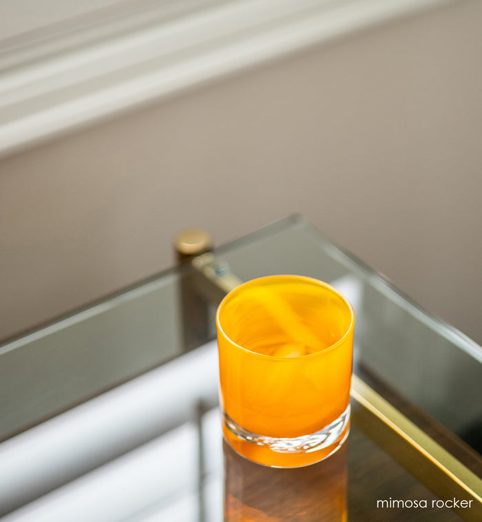mimosa rocker, tangerine orange hand-blown lowball glass.