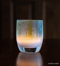 mother earth white with metallic green blue top, hand-blown glass votive candle holder.